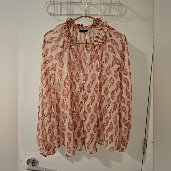 Zara Tops - Zara Women's Pink & Gold Paisley Boho Sheer Flowy Puff-sleeve Blouse (Size M/L)